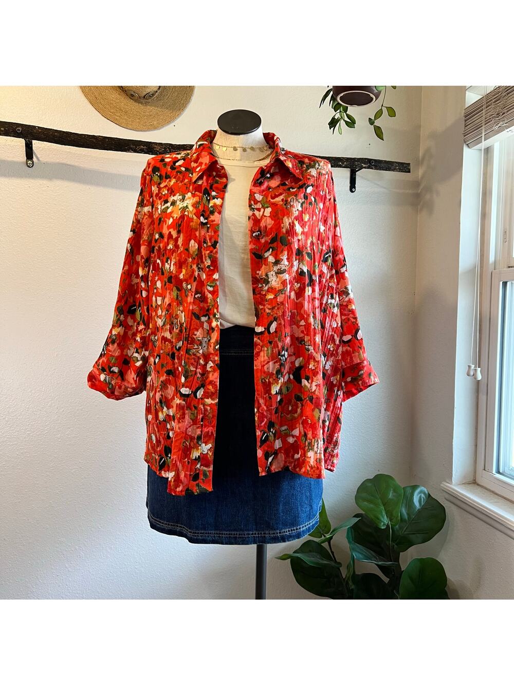 Bright Spring Summer Floral Lightweight Cotton Button Front Top Size 3X